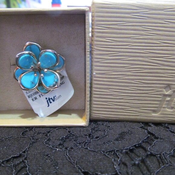Tehya Oyama Blue Kingman turquoise flower ring Sterling Silver over Copper Sz 10 - Picture 15 of 16
